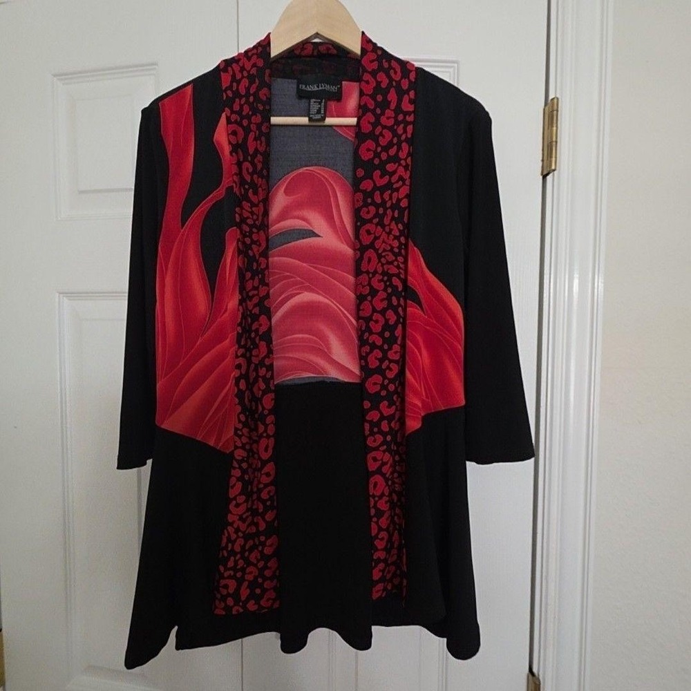 Frank Lyman Kimono Jacket Womens 4 Black Red Leopard Open Front 3/4 Sleeve